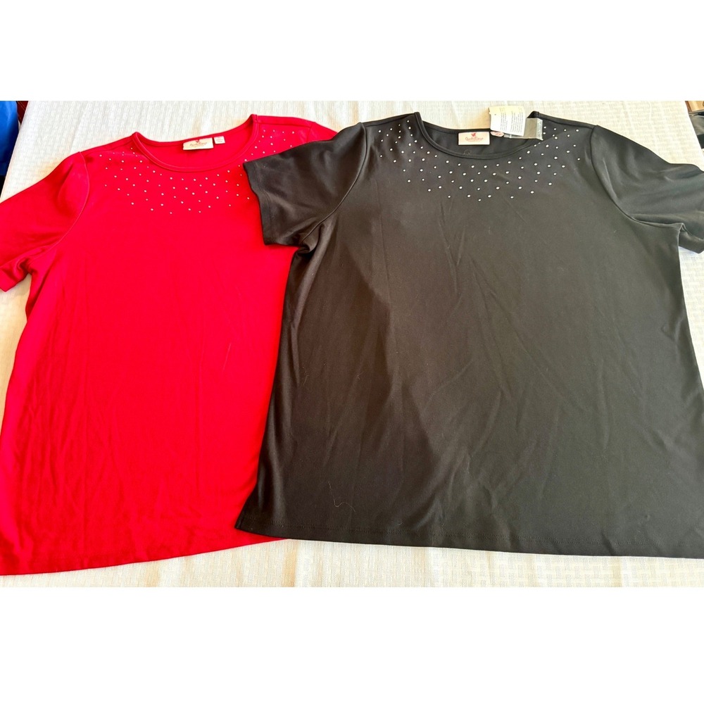 Quacker Factory Jeanne Bice Rhinestone Embellished Tops Set Red Black XL 2pc